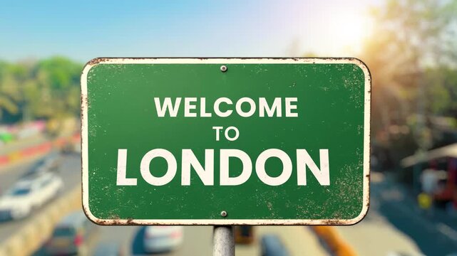 A high-quality 3d rendered graphic featuring realistic green highway road signs for the most famous locations in the United Kingdom