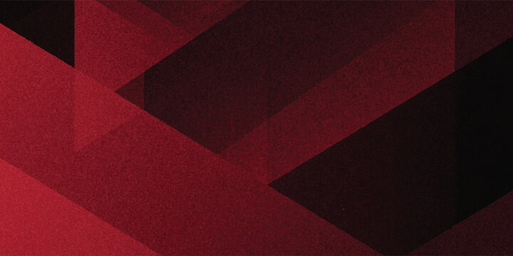 Abstract dark red geometric background with overlapping transparent 3D shapes. Features a prominent grainy noise texture for a vintage minimalist look.