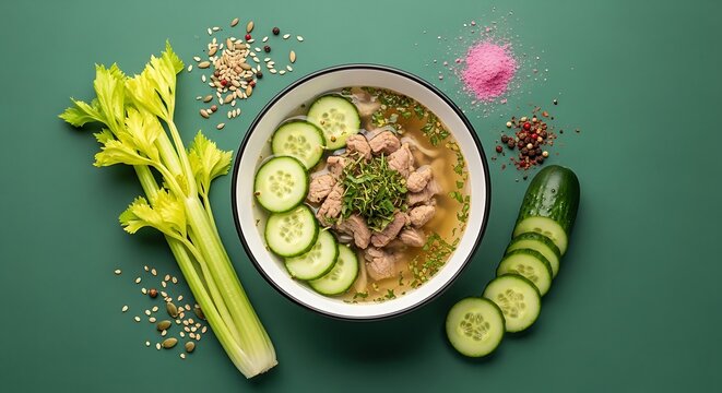 A bowl of hearty soup garnished with fresh herbs and cucumber slices