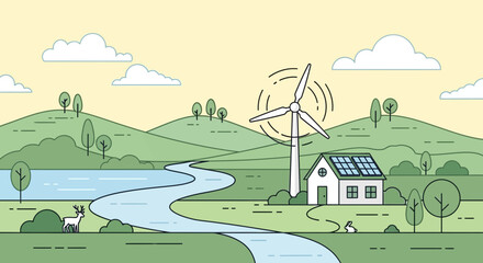 Eco-friendly home with wind turbine and solar panels in a green landscape © Maryati
