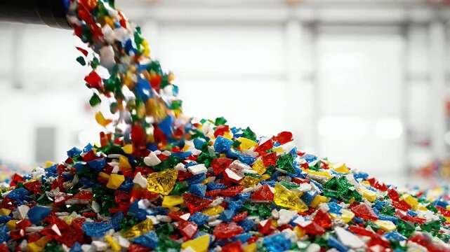 Macro view colorful crushed recycled plastic pieces falling into pile