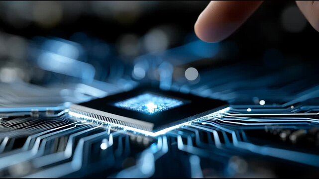 Human finger touch glowing processor chip blue digital circuit board microchip technology innovation cyber network data flow future electronic component macro detail modern high tech concept dark