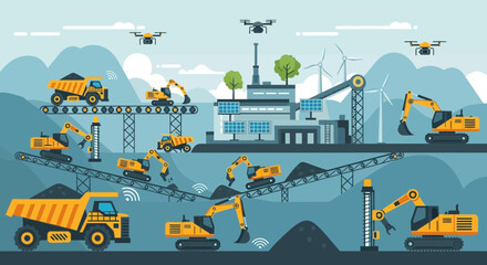 Smart mining industry with excavators, trucks, drones, and automation. © Maryati
