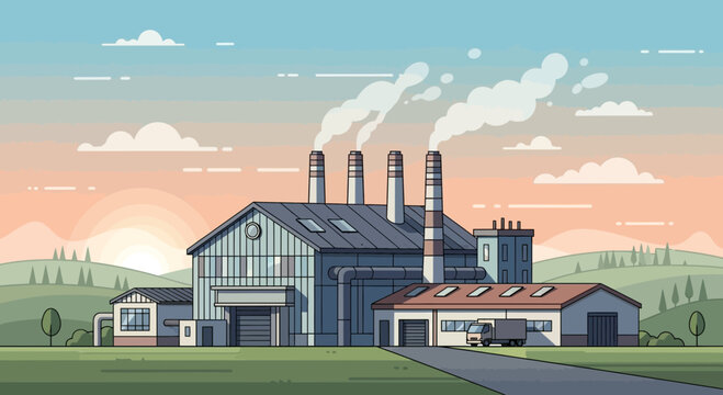 Industrial Factory with Smoke Stacks at Sunset, Pixel Art Style