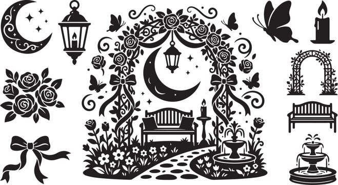 Whimsical garden, moonlit pathway, black vector icons, floral arch