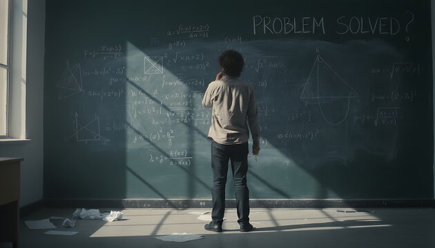 Young Student Solving Math Problems on Chalkboard in Classroom