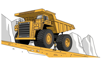 Giant Yellow Mining Dump Truck with Tiny Worker on Steep Hillside - Industrial Scale © mawar