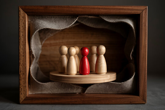 Wooden figurines in a shadow box with one standing out figurines different individual community isolation outsider conformity nonconformity contrast composition miniature symbolism