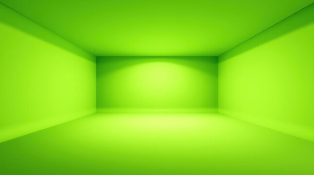 empty room with full green screen walls and floor that stretches uniformly to the horizon, chroma key studio with a seamless background, no shadows or gradients, perfect softbox lighting that illumina