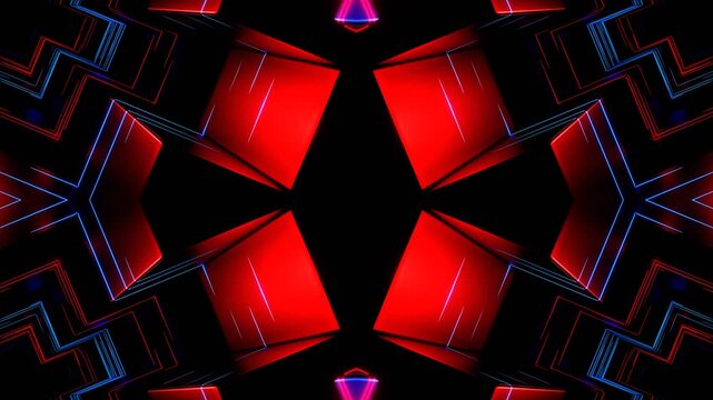 Red and Blue Futuristic Dark Neon Kaleidoscope Background VJ Loop in 4K