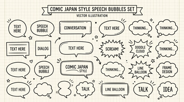 A set of comic Japan style speech bubbles and thought clouds for vector illustration and graphic design ,   vector illustration sets