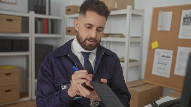 Man detective writing notes in a notebook with pen, hand holding pen visible in an office building; seriousness investigation.