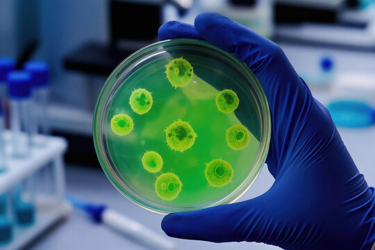 Blue gloved hand holds petri dish with bright green microbes. Science lab research shows microbial growth in culture medium. Microorganisms develop in green agar, showing biology experiment progress.