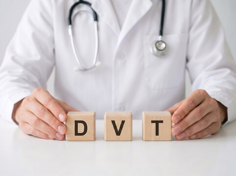 doctor presenting wooden blocks spelling dvt for deep vein thrombosis blood clot and vascular health awareness concept