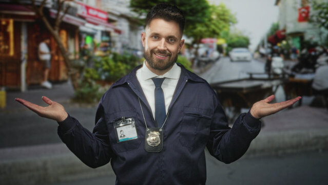 Man detective shrugs with palms up, badge and idcard visible on chest, wearing navy jacket and tie on busy street market; uncertainty duty.