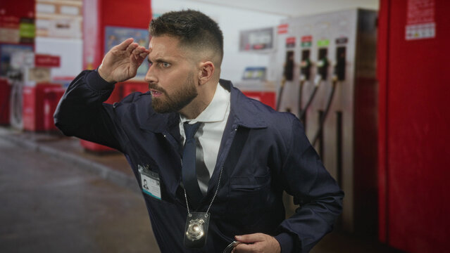 Man detective wearing badge and handcuffs shading eyes with hand to forehead while scanning gas pumps on street; alertness duty.