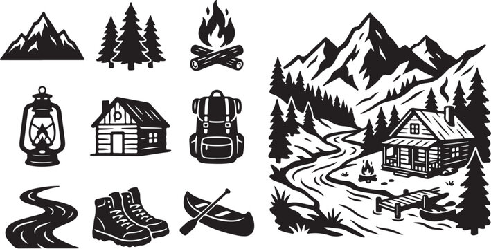 Camping, outdoor adventure icons, hiking, travel symbols, vector set