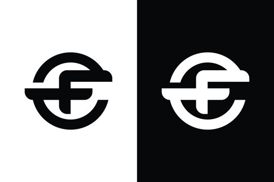 A minimalist typographic monogram logo design interlocking the letters f and c within a bold circular frame, shown in high contrast black and white variations.