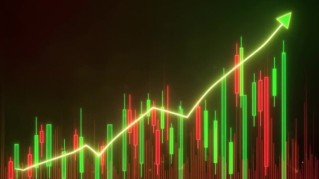 Dynamic financial candlestick chart with green and red bars rising upward, glowing trend line showing market growth and trading momentum.