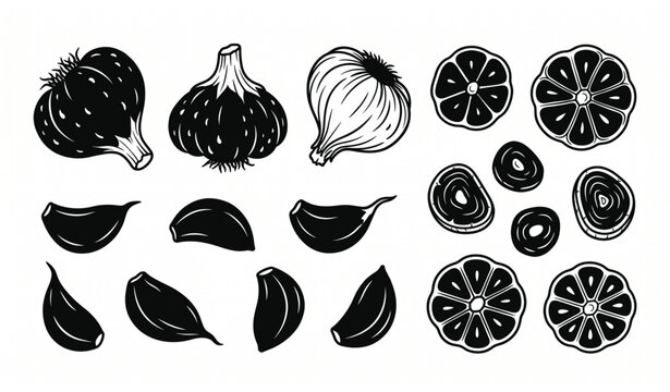 Black Garlic Silhouette Vector Set with Whole Bulbs, Cloves and Slices