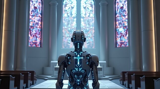 A Futuristic Robot Praying in a Traditional Church Interior.