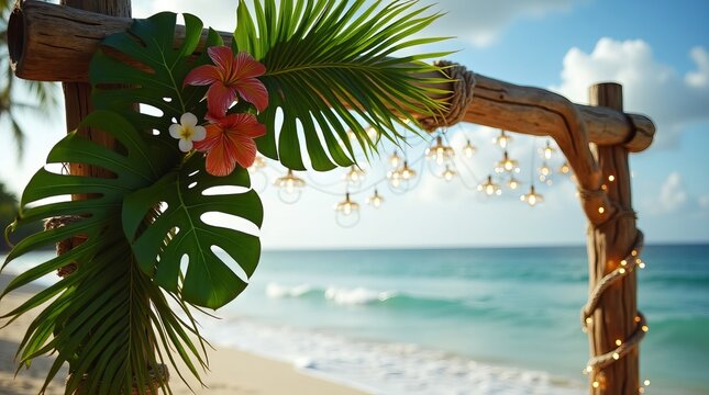 Beautiful tropical beach wedding arch decorated with flowers and palm leaves.