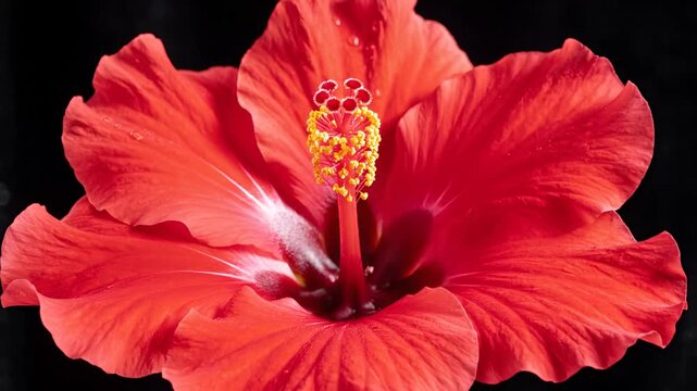 Closeup of a vibrant red hibiscus flower blooming against a dark background.