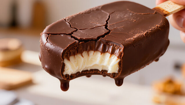 Hand holding cracked chocolate coated vanilla ice cream bar with bite mark and dripping sauce, indulgent summer dessert closeup, editorial food photography with copy space