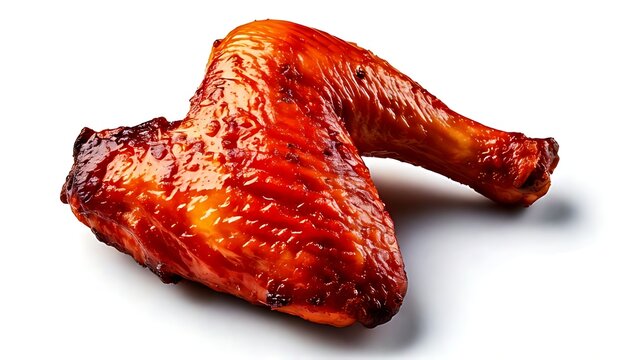 An single chunk of barbecued chicken leg against a white background