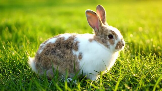 A fluffy brown and white spotted rabbit sits peacefully in vibrant green grass bathed in warm sunlight perfect for nature pet or spring-themed designs