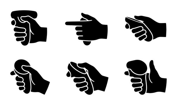 Set of Six Black Silhouette Hand Gestures Icons, Pointer Finger, Grasping, Clicking, Vector Graphics for UI Design