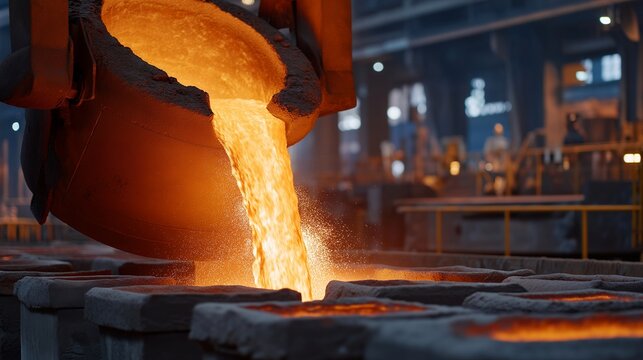 Molten orange steel pours from a massive ladle into sand casting molds inside a dramatic foundry, silhouetted workers in protective gear stand at a safe distance, perfect for heavy industry, metal