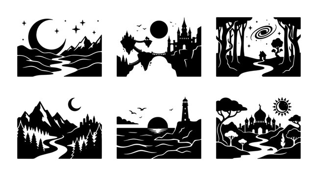 Fantasy Landscape Silhouettes: Magical Worlds, Castles, Forests, Mountains, Oceans, Cosmic Scenes, Vector Elements