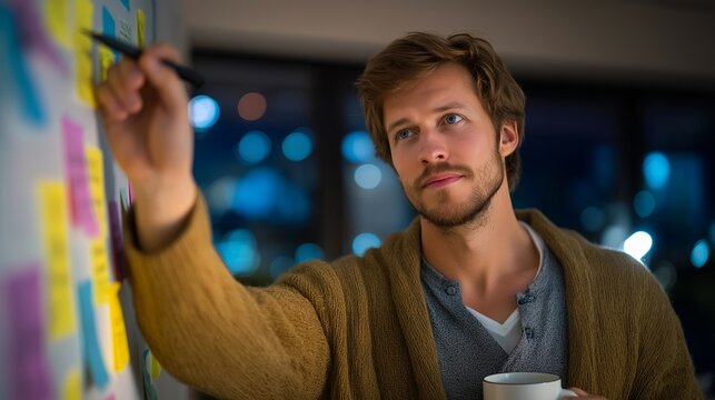 A cybersecurity analyst in a warmly lit home office arranges color-coded sticky notes across a whiteboard mapping malware reverse engineering workflows, wearing a worn cardigan, coffee mug steaming