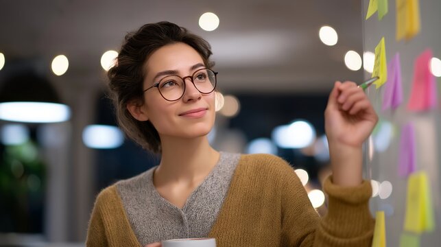 A cybersecurity analyst in a warmly lit home office arranges color-coded sticky notes across a whiteboard mapping malware reverse engineering workflows, wearing a worn cardigan, coffee mug steaming
