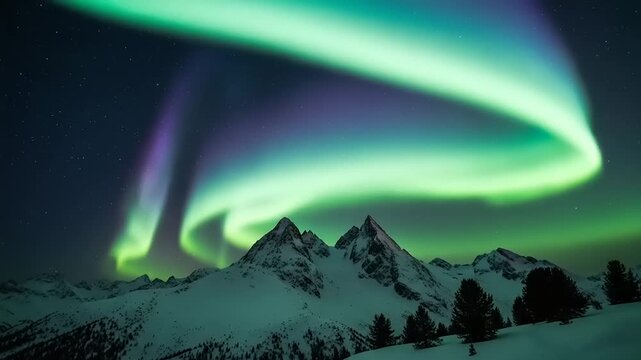Stunning Northern Lights Aurora Borealis Over Snow Covered Mountain Peaks at Night.