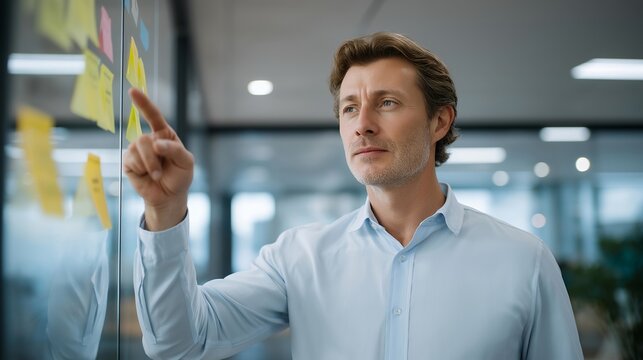 A value stream map with color-coded sticky notes covers an entire glass wall in a lean manufacturing office, a lone analyst traces a process flow with their finger, perfect for operational