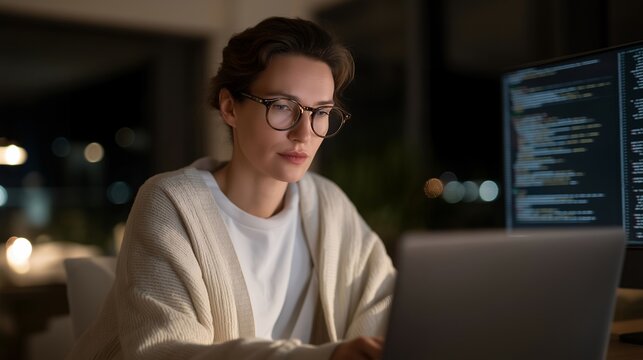 A cyber threat intelligence analyst in a modest apartment lit by a single desk lamp cross-references open-source hacking forum screenshots on a dual-monitor setup, a physical notebook filled with