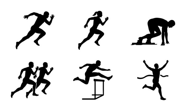 Athletic Runner Silhouettes, Sprinting and Hurdles, Track and Field Competition Icons, Sports Performance Vector Set