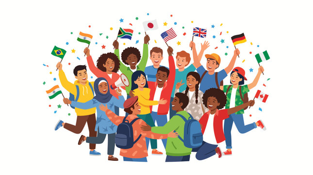 Group of diverse international students celebrating together with flags.