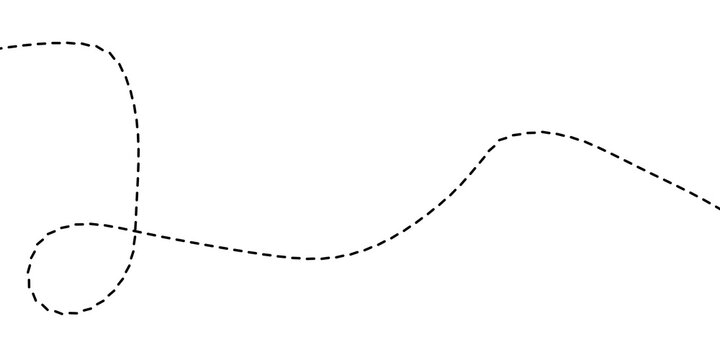 Dashed line tracing a whimsical path across a white background, suggesting movement or a dotted journey
