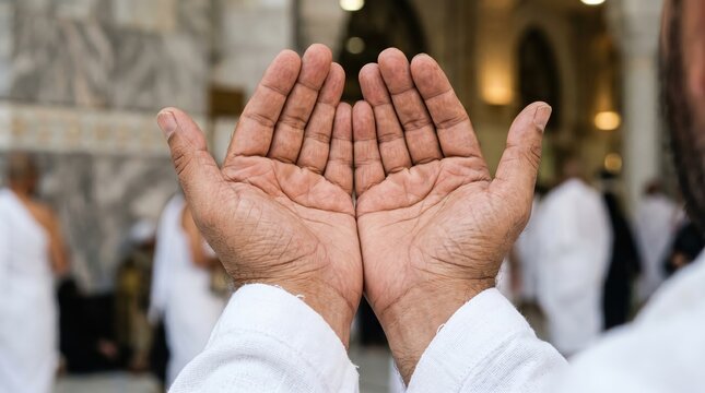 Close Up of Muslim Man Hands Praying Duaa in Mecca Mosque