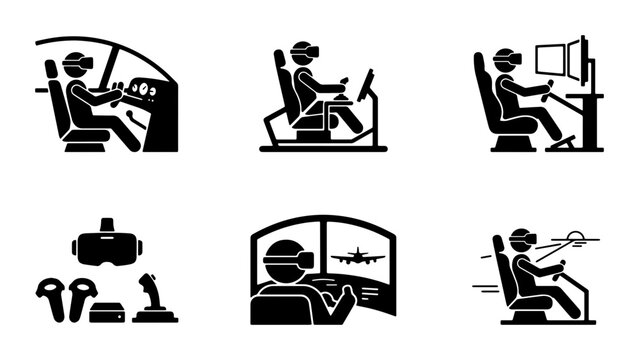 Virtual Reality Simulators, VR Training Cockpits, Flight Simulators, Gaming Setups, 6 Icon Set