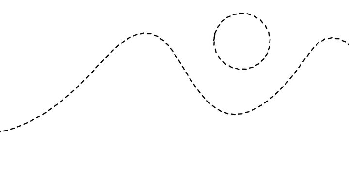A dashed line illustration forming a wavy shape with a circle at its end