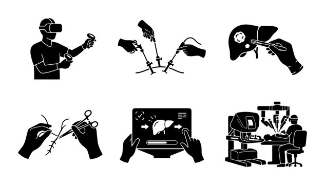 Medical Technology Icons: Laparoscopic Surgery, VR Simulation, Robotic Assistance, Organ Anatomy, Surgical Tools