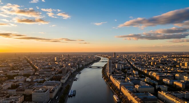 Urban skyline at dusk with a river cutting through the city lights
