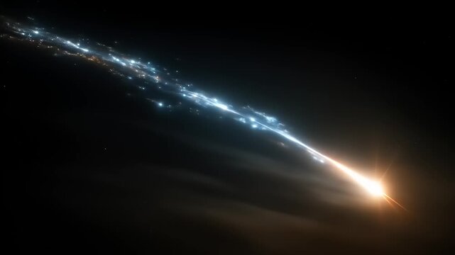 Brilliant celestial object blazing through dark atmosphere above illuminated planetary surface