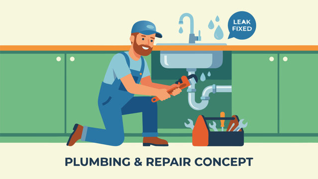 Professional plumber in blue overalls and cap fixing a leaking sink pipe in a modern kitchen using a wrench, featuring a toolbox and leak fixed speech bubble, flat vector repair service concept.
