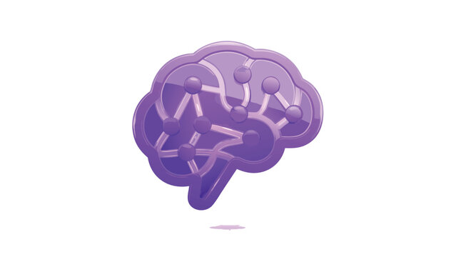 Modern 3D style vector icon of a purple glossy brain with neural network connections, representing artificial intelligence, machine learning, cognitive computing, and digital mind technology.