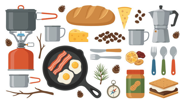 Camping Food and Outdoor Cooking Equipment Vector Illustration Set in Knolling Layout Featuring Portable Gas Stove, Pan with Bacon and Eggs, Bread, Coffee, and S'mores on White Background